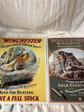 Winchester Metal Advertising Signs - Set of 2 Vintage Style Hunting Displays